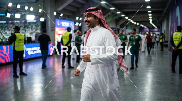 رجل سعودي بالثوب التقليدي في ممر الاستاد الرياضي
