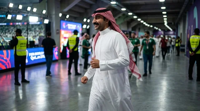 رجل سعودي بالثوب التقليدي في ممر الاستاد الرياضي