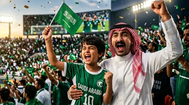 احتفال مشجعين سعوديين بالفوز في ملعب كرة القدم