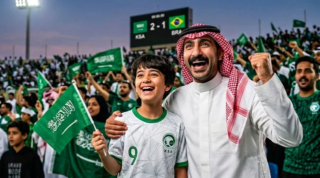 احتفال مشجعين سعوديين بالفوز في ملعب كرة القدم