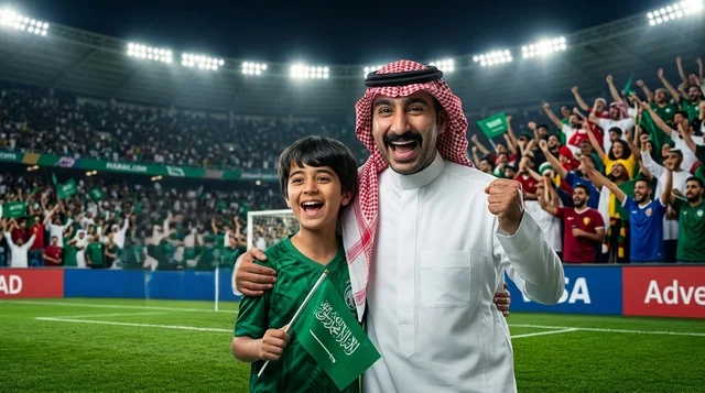 أب وابنه يحتفلان بفوز المنتخب السعودي في الملعب