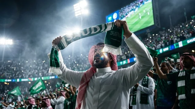 Saudi Football Fan Cheering in Stadium Night Match