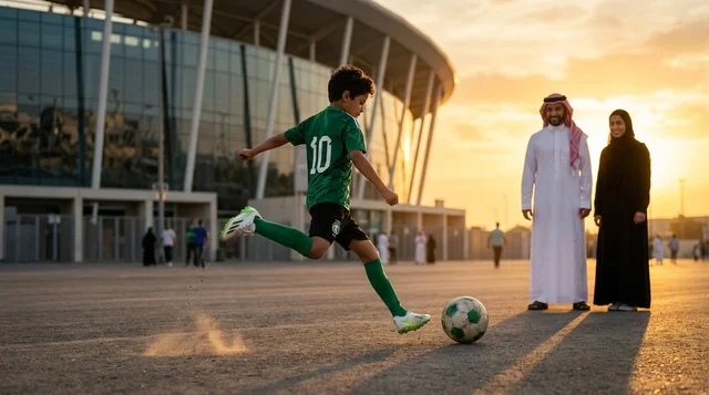 Saudi Boy Kicking Soccer Ball Near Stadium at Sunset
