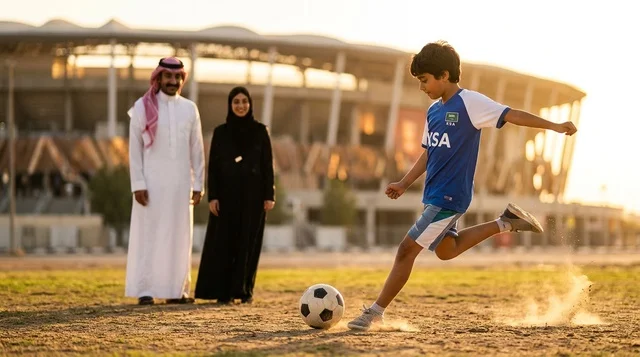 Saudi Boy Kicking Soccer Ball Near Stadium at Sunset