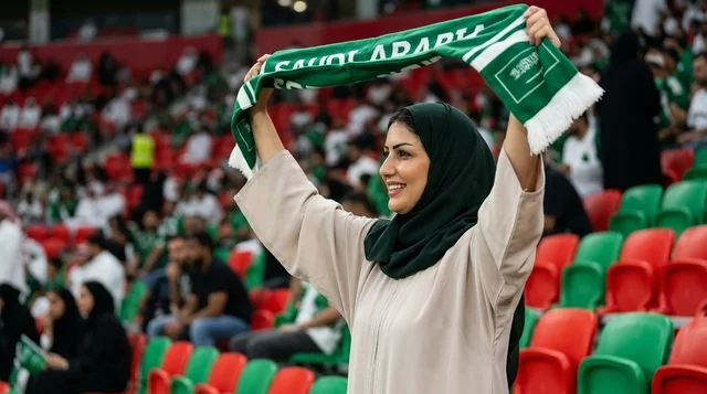 مشجعة سعودية تحمل وشاح المنتخب في مدرجات الملعب