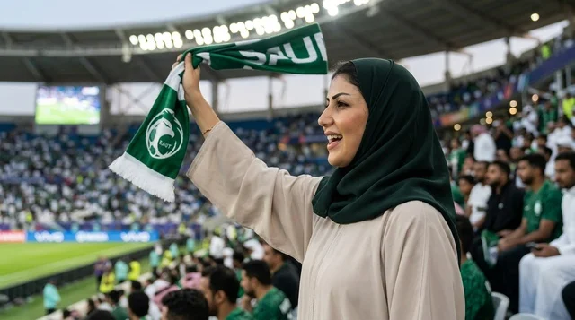 مشجعة سعودية في مدرجات ملعب كرة القدم ترفع الوشاح
