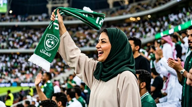 مشجعة سعودية ترتدي العباءة وتشجع في ملعب كرة القدم