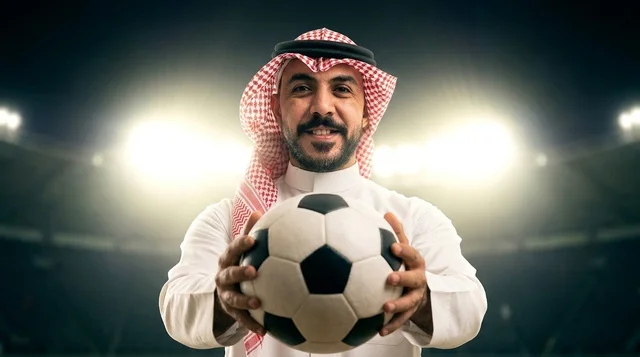 رجل سعودي بالثوب التقليدي يمسك كرة قدم في الملعب