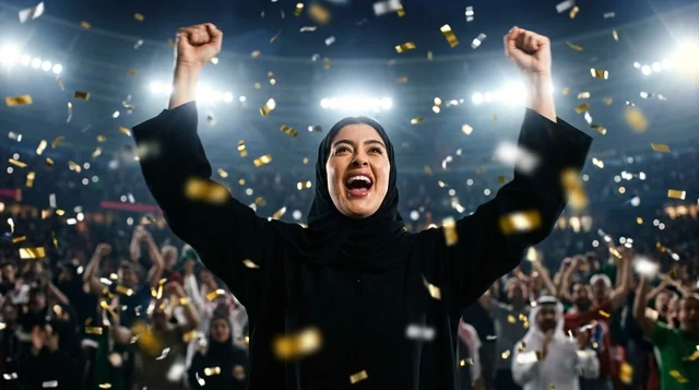 Emirati Woman in Abaya Celebrating Victory in Stadium