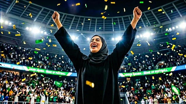 Saudi Woman in Abaya Celebrating Victory in Football Stadium