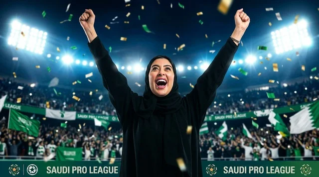 Saudi Female Fan Celebrating in Football Stadium