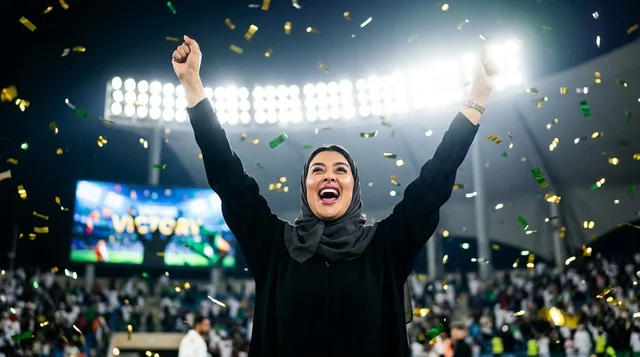 Saudi Woman in Abaya Celebrating Victory in Stadium