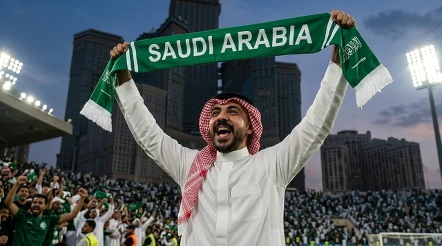 Saudi Football Fan Celebrating in Stadium at Night