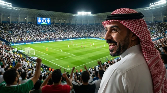 رجل سعودي بالثوب والشماغ في مدرجات ملعب كرة القدم