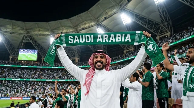 مشجع كرة قدم سعودي يرتدي شماغاً في ملعب رياضي ليلاً