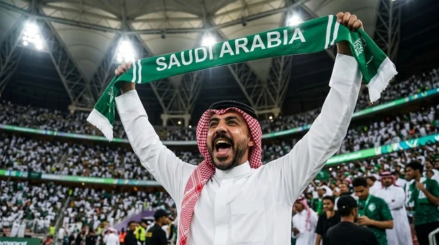 Saudi Football Fan Celebrating in Stadium with Scarf