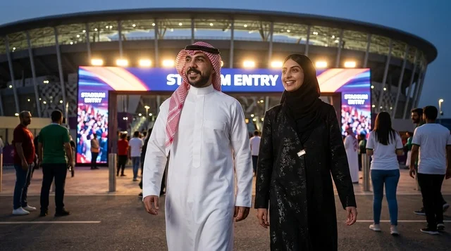 زوجان سعوديان بالزي التقليدي أمام مدخل الاستاد الرياضي