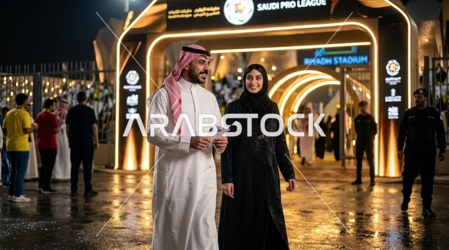 Saudi Couple Walking Outside Riyadh Stadium at Night