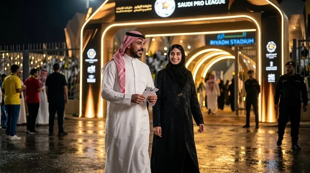زوجان سعوديان يسيران خارج مدخل استاد الرياض ليلاً