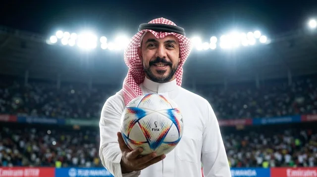 مواطن سعودي بالزي التقليدي يحمل كرة قدم داخل استاد رياضي