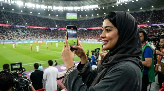Qatari Woman Recording Football Match in Stadium
