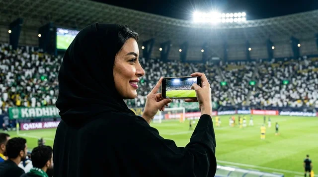 Saudi Woman in Abaya Recording Football Match in Stadium