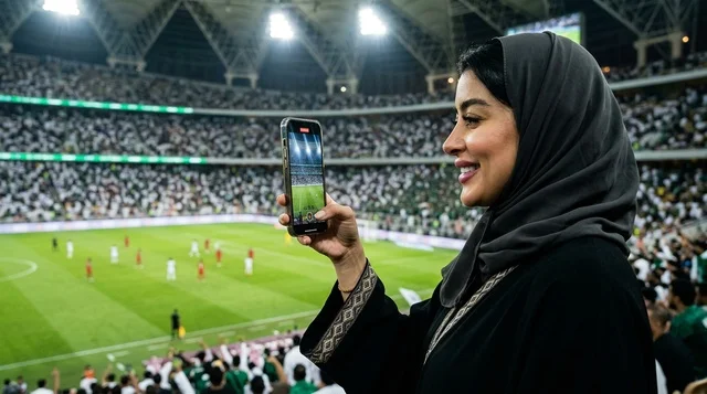 امرأة سعودية تصور مباراة كرة قدم في الملعب