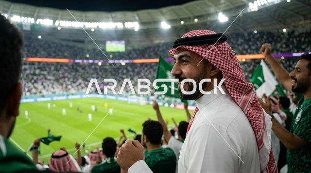 رجل سعودي يشجع بحماس بالثوب والشماغ في ملعب كرة القدم
