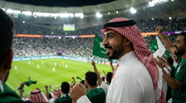 رجل سعودي يشجع بحماس بالثوب والشماغ في ملعب كرة القدم