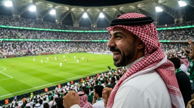 رجل سعودي يشجع في ملعب كرة القدم أثناء المباراة