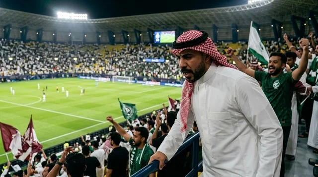 مشجع كرة قدم سعودي بالثوب والشماغ يتفاعل في الملعب