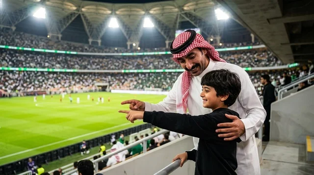 أب سعودي وابنه في ملعب كرة القدم يشاهدان مباراة