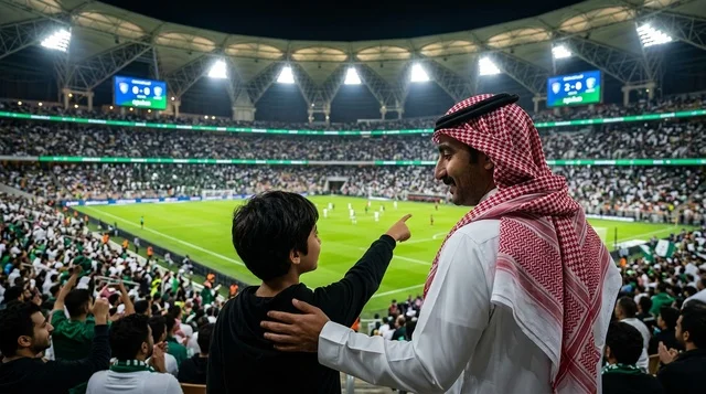 أب سعودي مع ابنه في مدرجات ملعب كرة القدم بمباراة ليلية