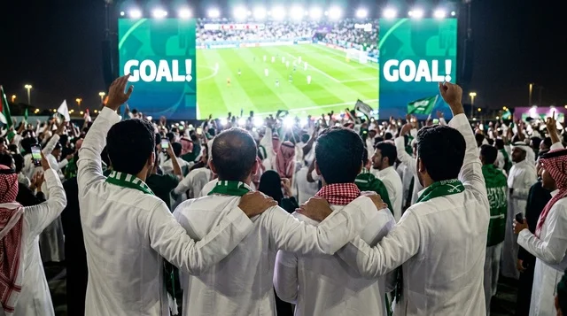 مشجعو كرة القدم السعوديون يحتفلون بهدف بالبث المباشر