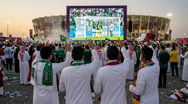 مشجعون سعوديون بالثوب التقليدي يشاهدون مباراة قطر