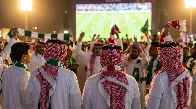 Saudi fans in traditional attire watching the Qatar match.