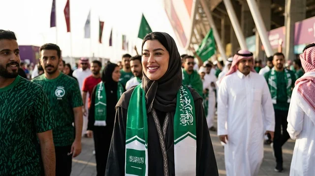 امرأة سعودية مشجعة كرة قدم مع وشاح أخضر في الملعب