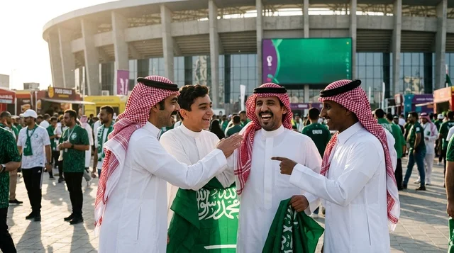 مشجعون سعوديون بالزي التقليدي في ملعب كرة القدم