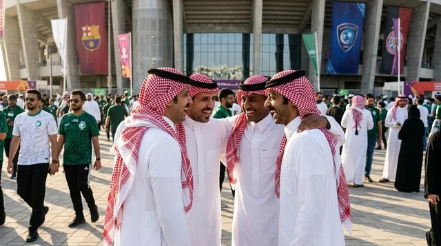 رجال سعوديون بالثوب التقليدي في ملعب كرة القدم رجال سعوديون بالثوب التقليدي في ملعب كرة القدم