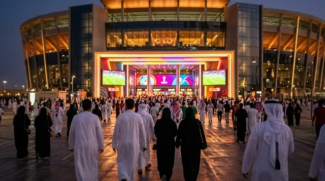 حشد سعودي باللباس التقليدي يدخل الاستاد الرياضي ليلاً