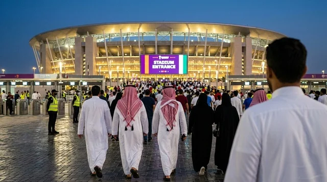 مشجعون سعوديون بالزي التقليدي يسيرون نحو الملعب