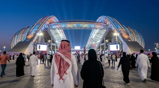 زوجان سعوديان بالزي التقليدي يسيران نحو ملعب مضاء ليلا