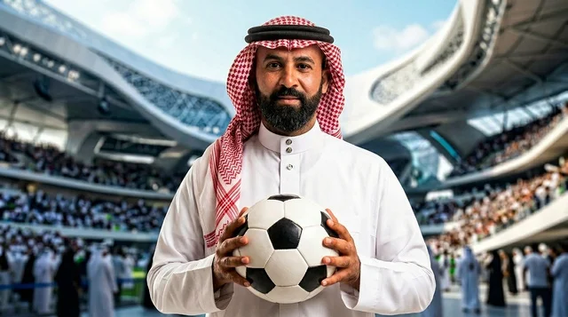 رجل سعودي يرتدي الشماغ يمسك بكرة القدم في الملعب