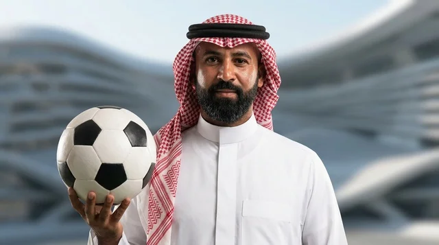 رجل سعودي يرتدي الشماغ يمسك بكرة القدم في الملعب