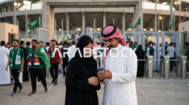 زوجان سعوديان يستخدمان الهاتف خارج ملعب كرة قدم