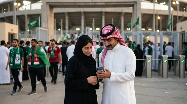 زوجان سعوديان يستخدمان الهاتف خارج ملعب كرة قدم