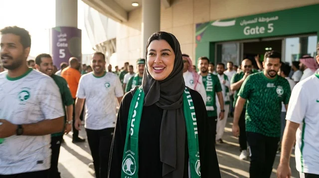 Saudi Football Fans and Woman Near Stadium Entrance