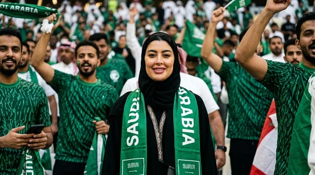 مشجعة سعودية مع الجمهور في ملعب كرة القدم