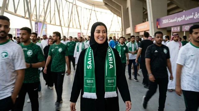 امرأة سعودية بالعباءة مع مشجعي كرة القدم في الاستاد