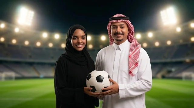 Saudi Couple Holding Football in Stadium Arena at Night